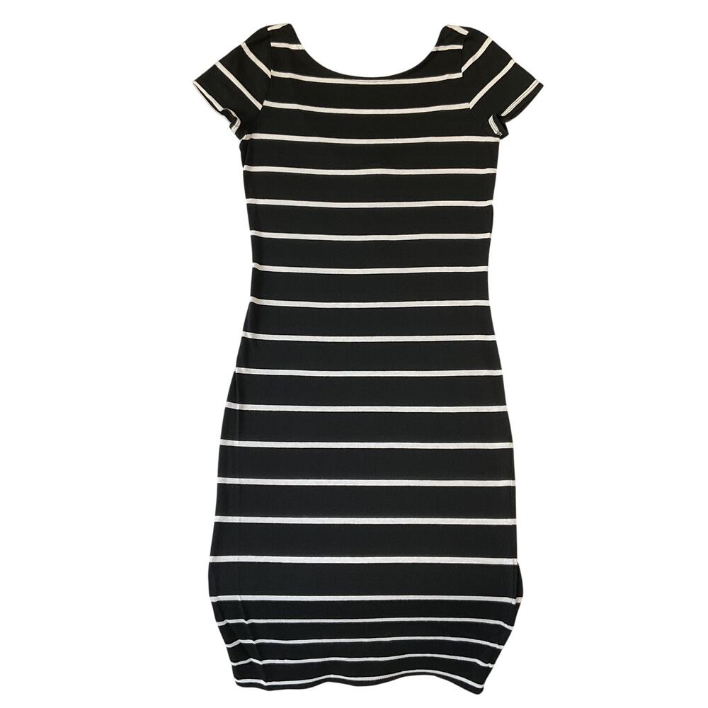One Clothing Women Midi Dress SMALL Black Striped Bodycon Short Sleeve Pullover